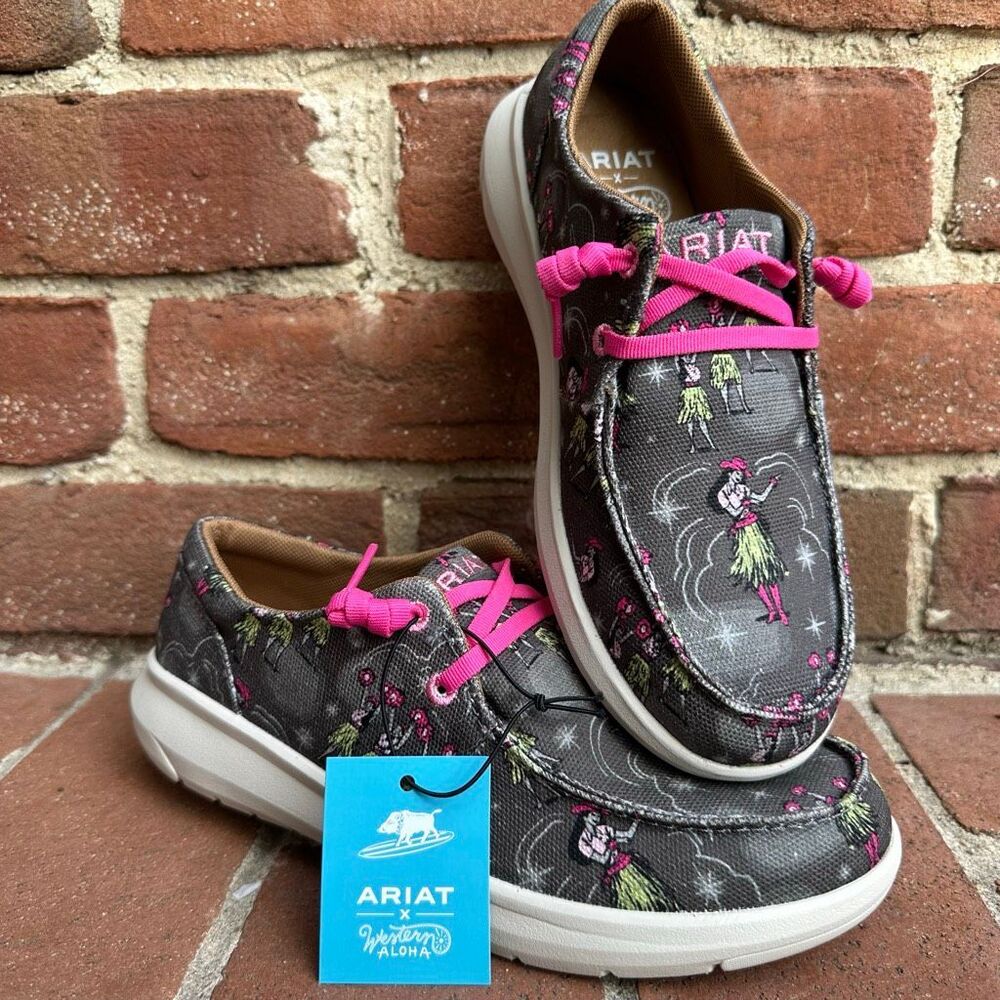 ARIAT Western Aloha Cruiser Shoes Gray Pink Hula Print Comfort Slip On Size 6.5